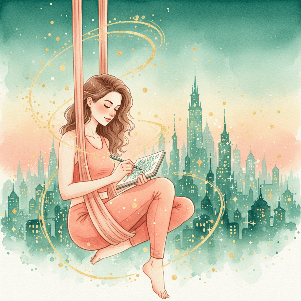 Йога в гамаке — девушка выполняет асану в воздушном гамаке, методика Skyline Yoga